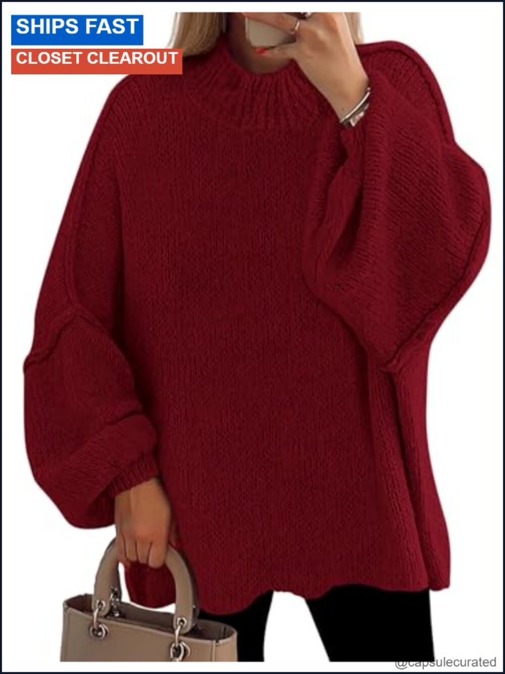 Womens Oversized Chunky Knit Mock Neck Pullover Sweater Drop Shoulder